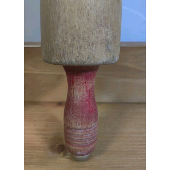 Vintage Wood Rolling Pin Red Handles 17" Farmhouse Primitive Kitchen Rustic - Picture 4 of 7